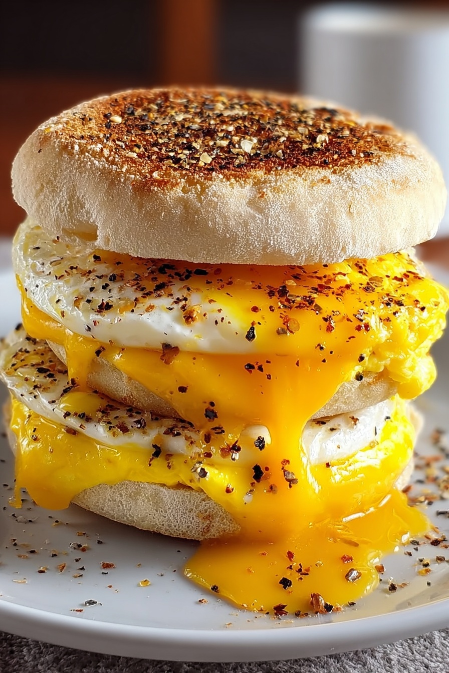A breakfast sandwich with eggs, cheese, and pepper.