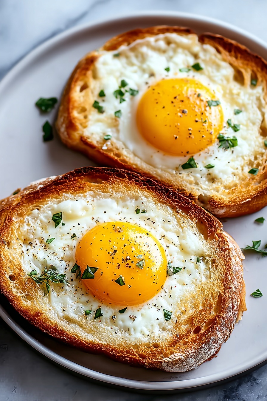 Two pieces of toast with eggs and cheese on top.