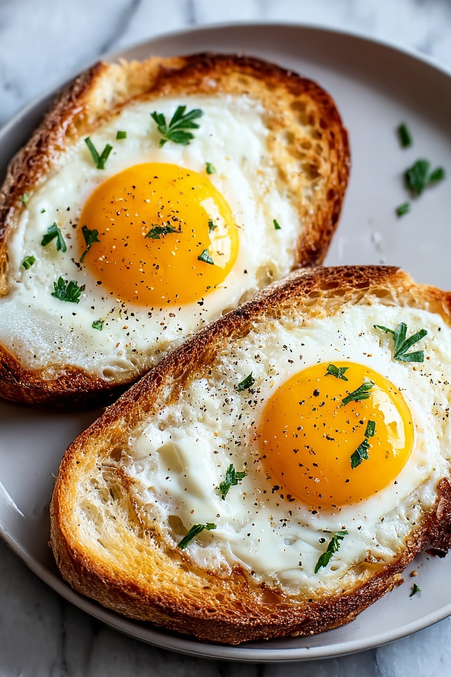 Two pieces of toast with eggs and cheese on top.