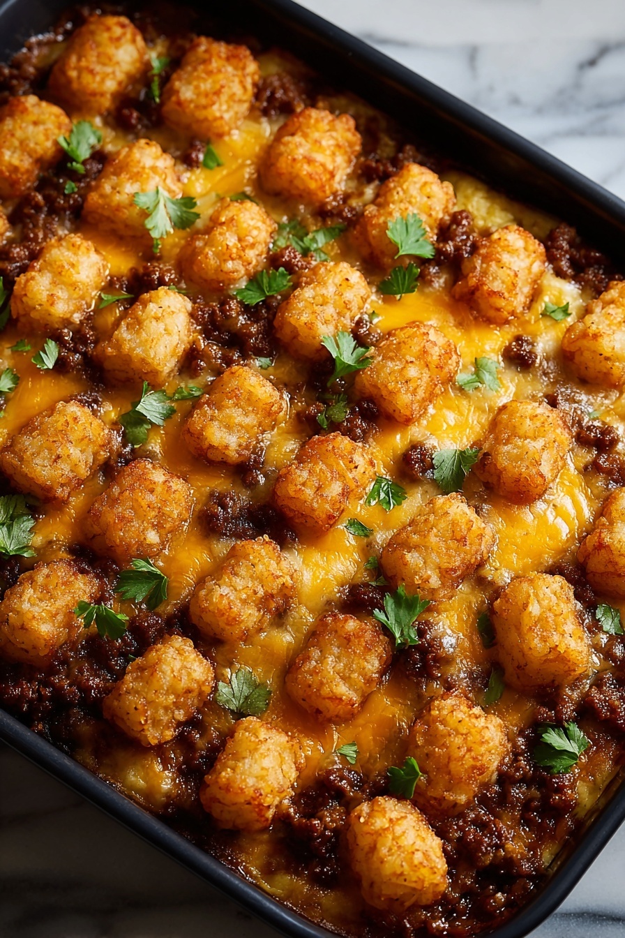 A dish of food with a lot of cheese and tater tots.