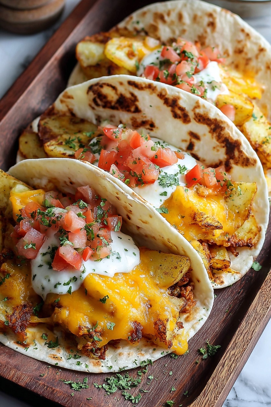 A plate of breakfast tacos with potatoes, eggs, and cheese.