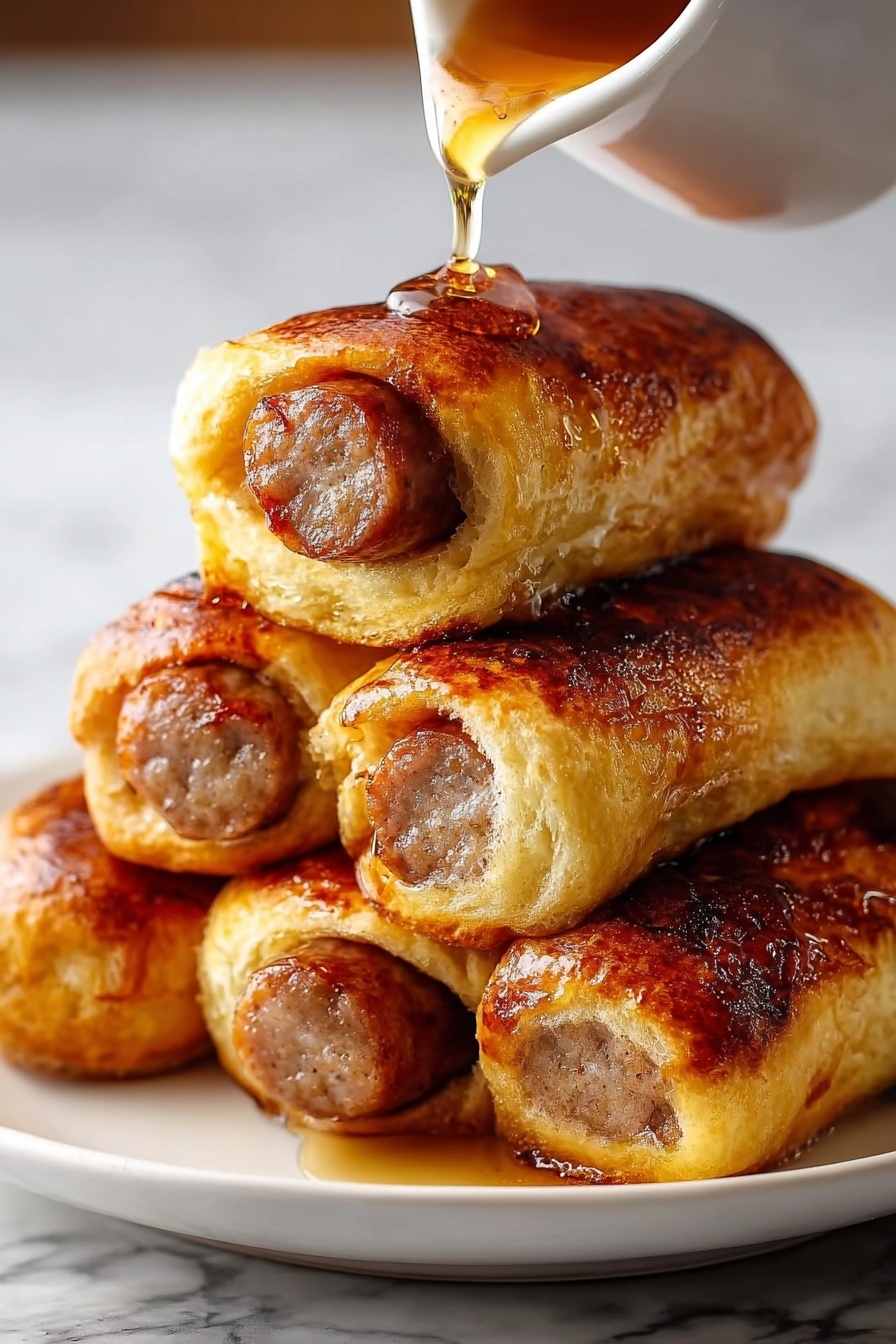 Sausage French Toast Roll-Ups with honey drizzled on top.