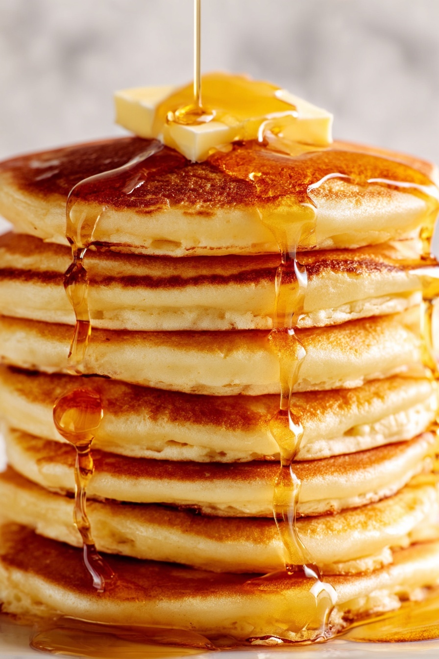 A stack of pancakes with butter dripping down.