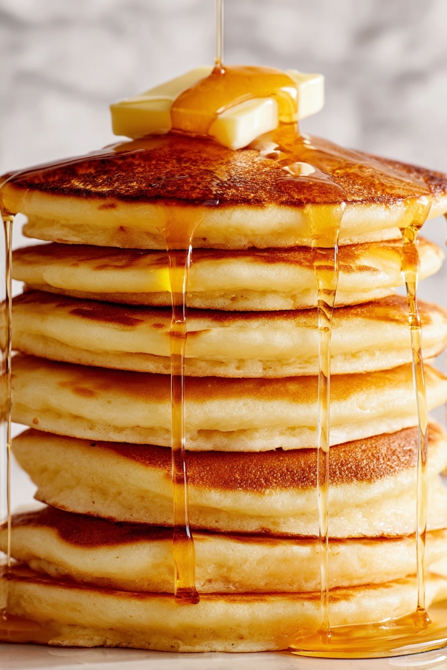 A stack of pancakes with syrup dripping down.