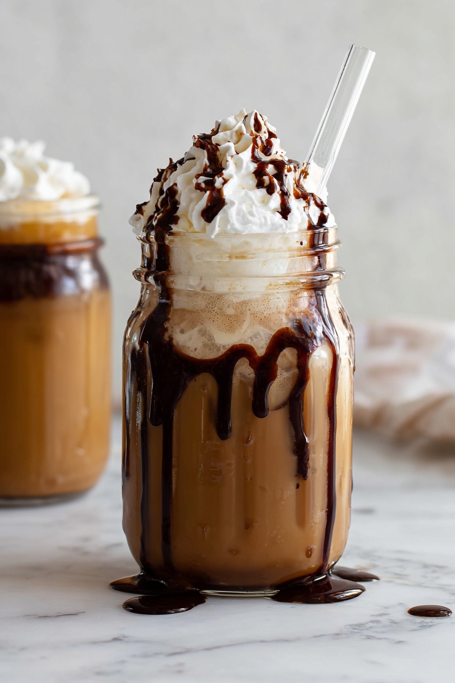 A glass of iced mocha coffee with whipped cream.