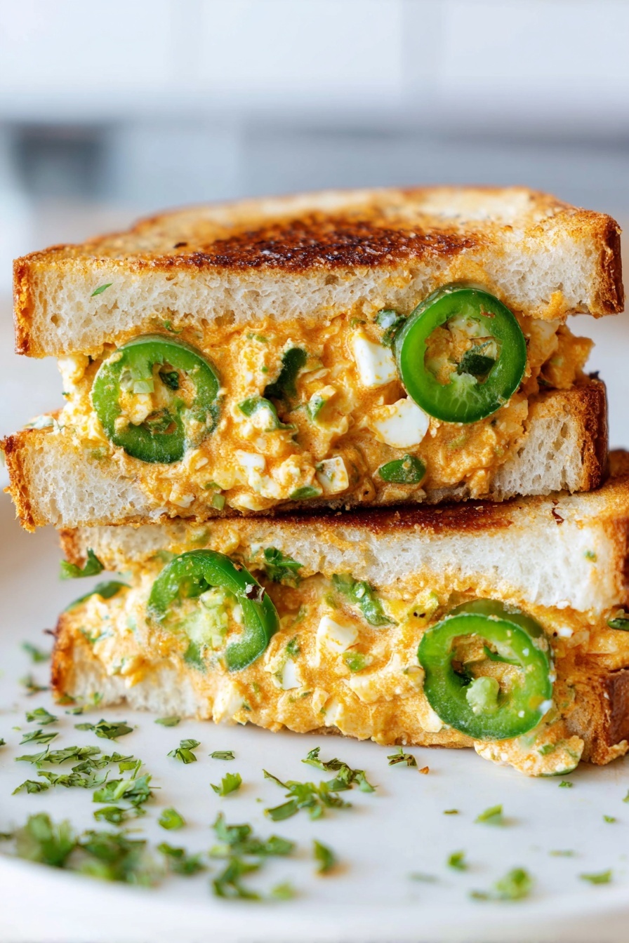 A sandwich with egg salad and jalapenos.