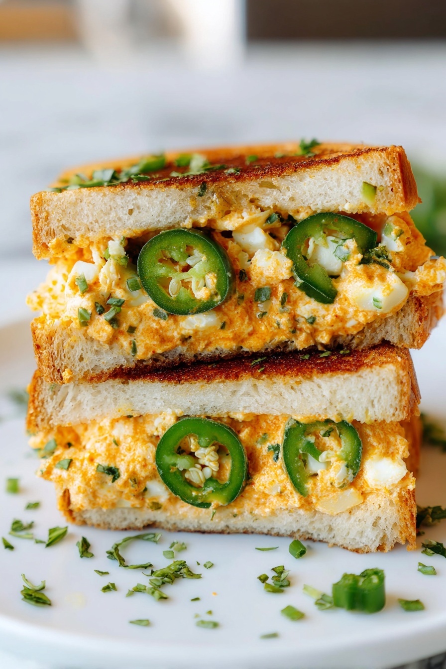 A sandwich with egg salad and jalapenos.