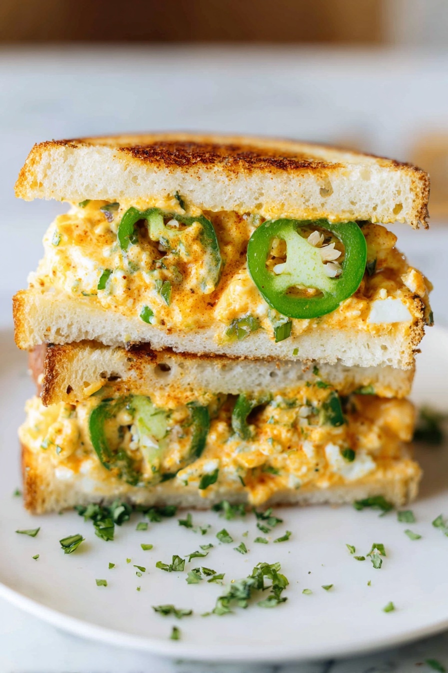 A sandwich with egg salad and jalapenos.