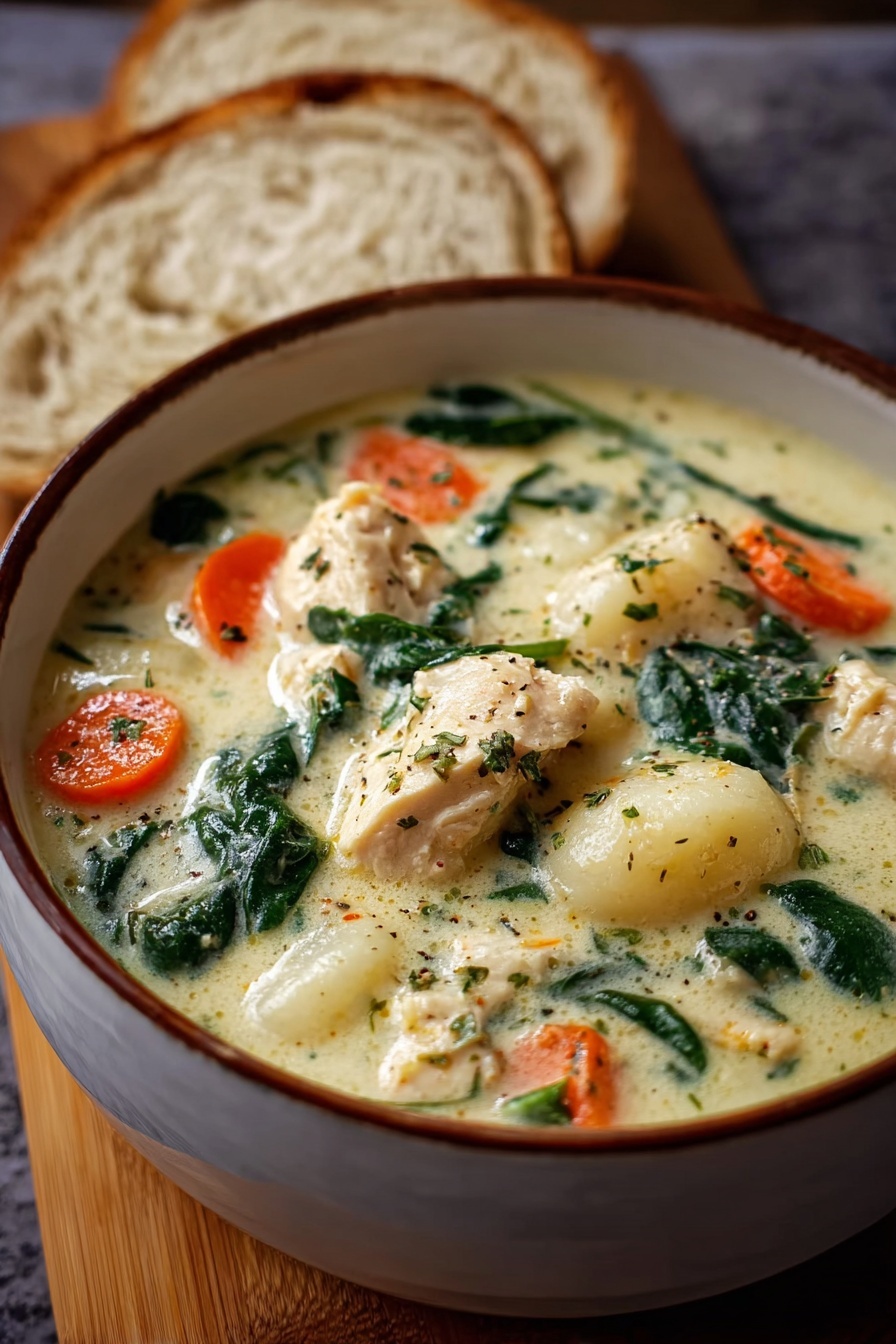 A bowl of soup with chicken and potatoes.