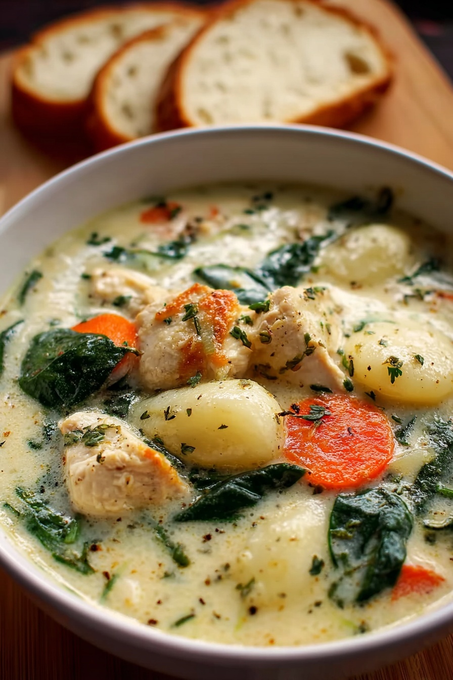 A bowl of soup with chicken, gnocchi, and vegetables.