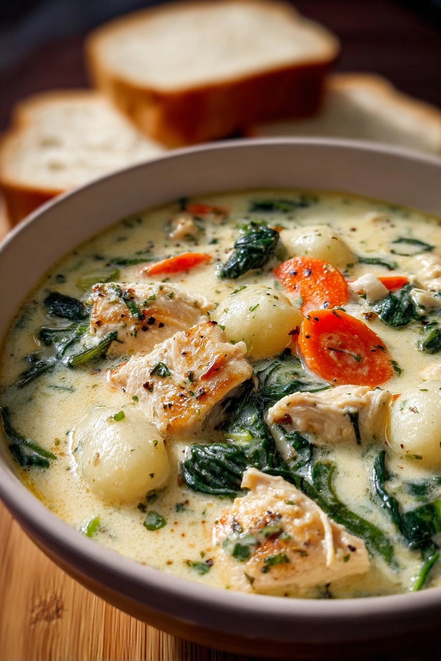 A bowl of soup with chicken, gnocchi, and vegetables.