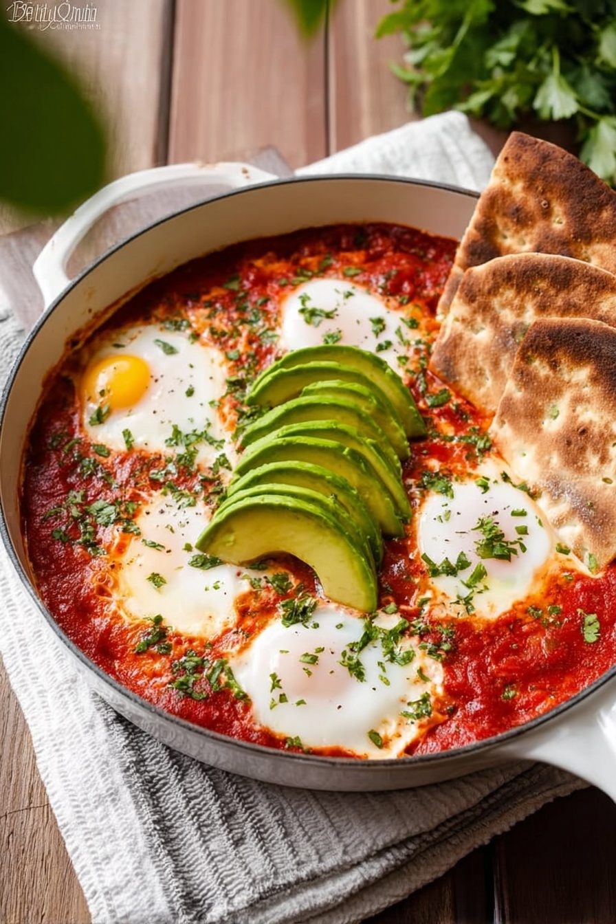 A bowl of food with eggs, avocado, and bread.