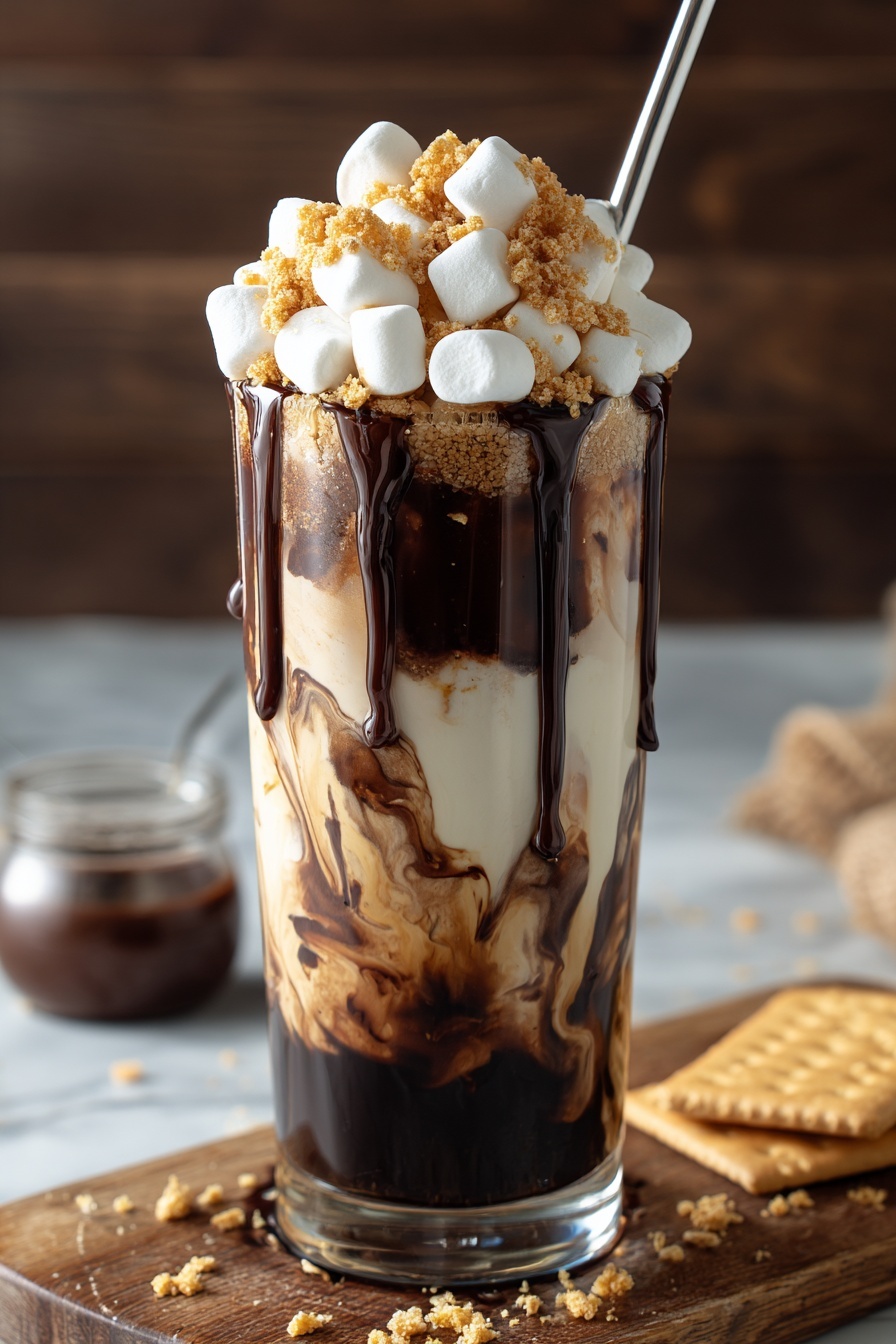 A cold brew drink with marshmallows and chocolate.