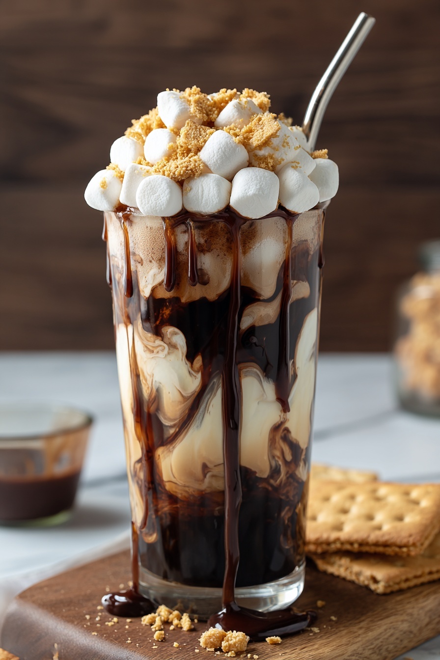 A cold brew drink with marshmallows and chocolate.
