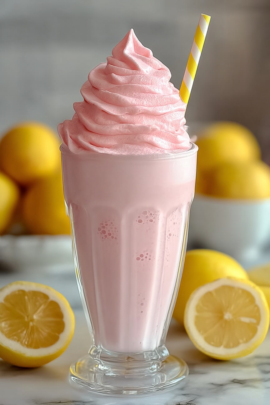 A glass of whipped pink lemonade with a yellow lemon on the side.