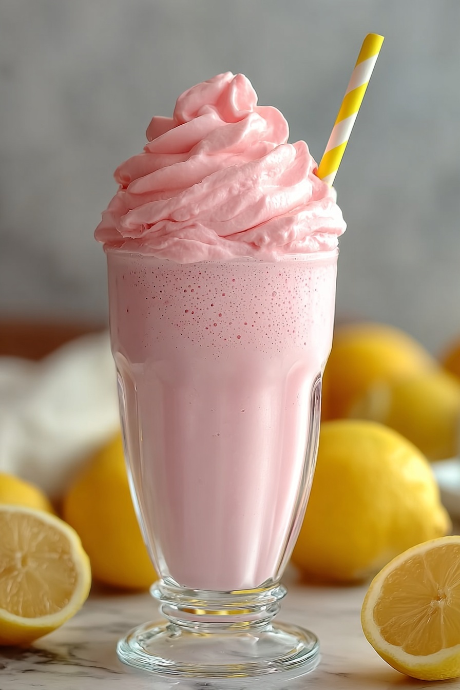 A glass of whipped pink lemonade with a yellow lemon on the side.