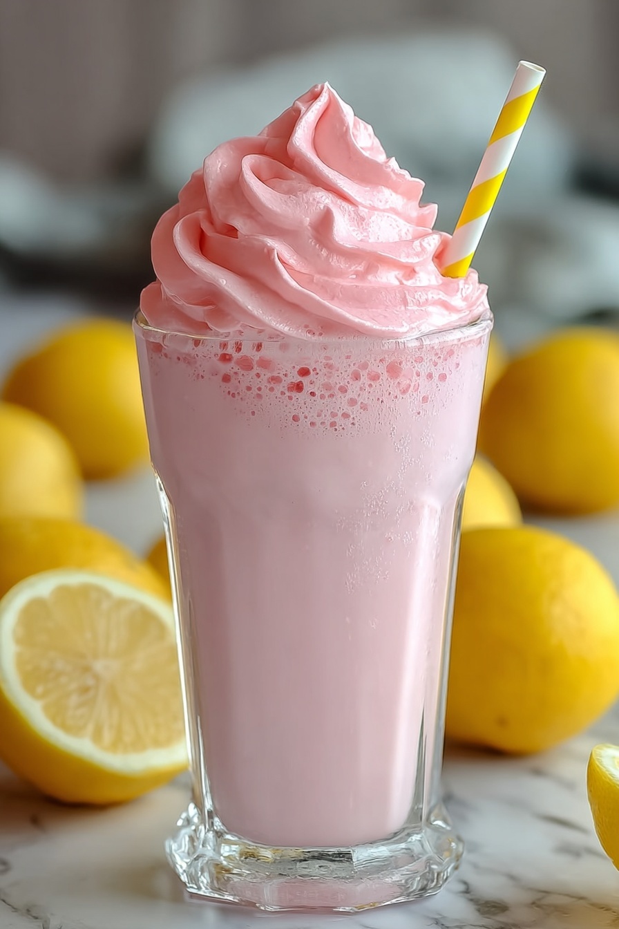 A glass of whipped pink lemonade with a lemon wedge.