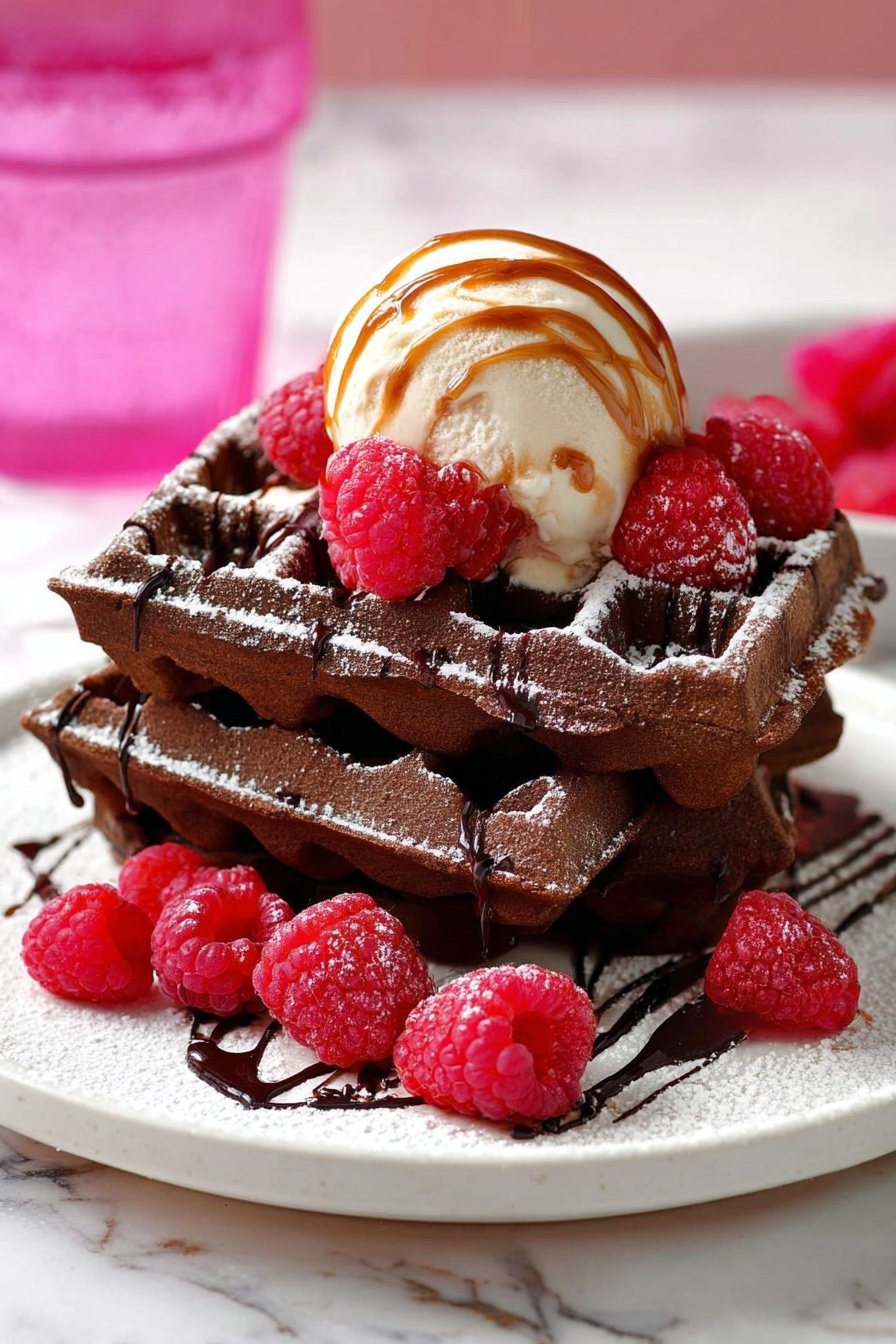 A plate of double chocolate waffles with raspberries on top.
