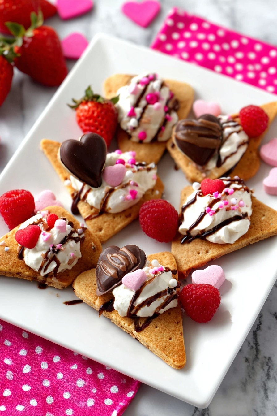 A plate of dessert nachos with chocolate, strawberries, and whipped cream.
