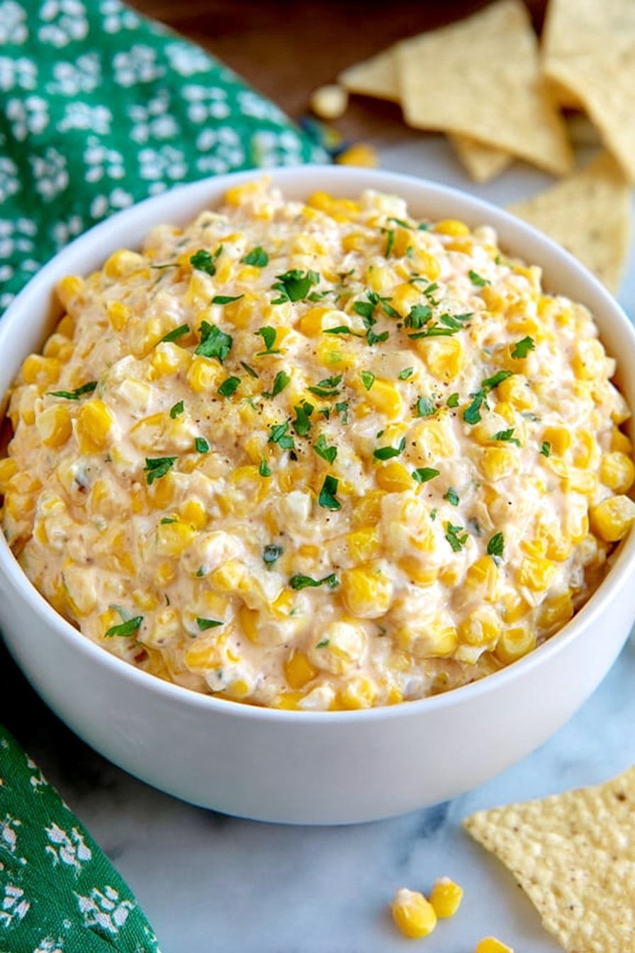 A white bowl filled with corn dip.