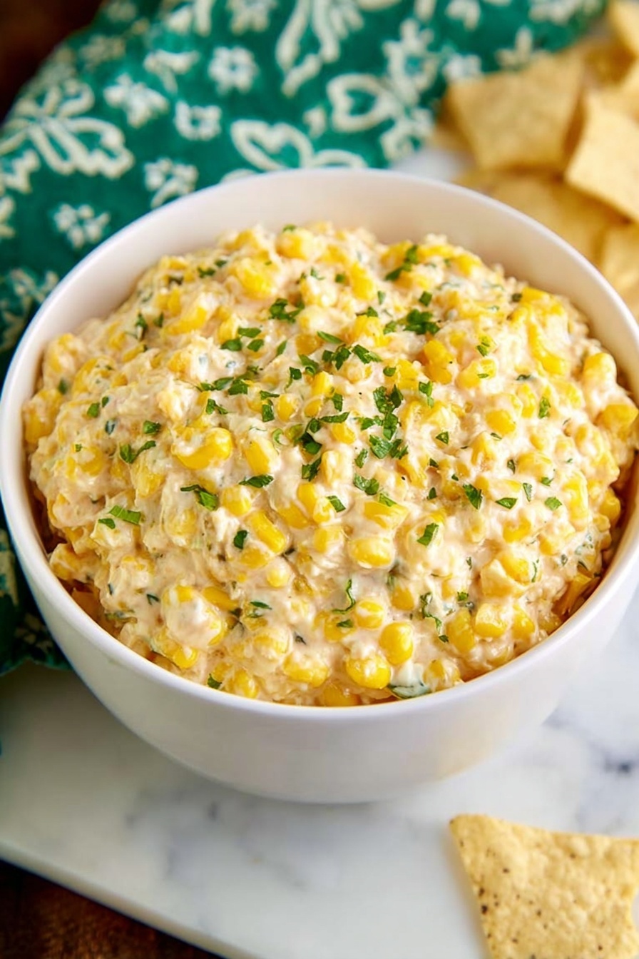 A bowl of corn dip with green onions.