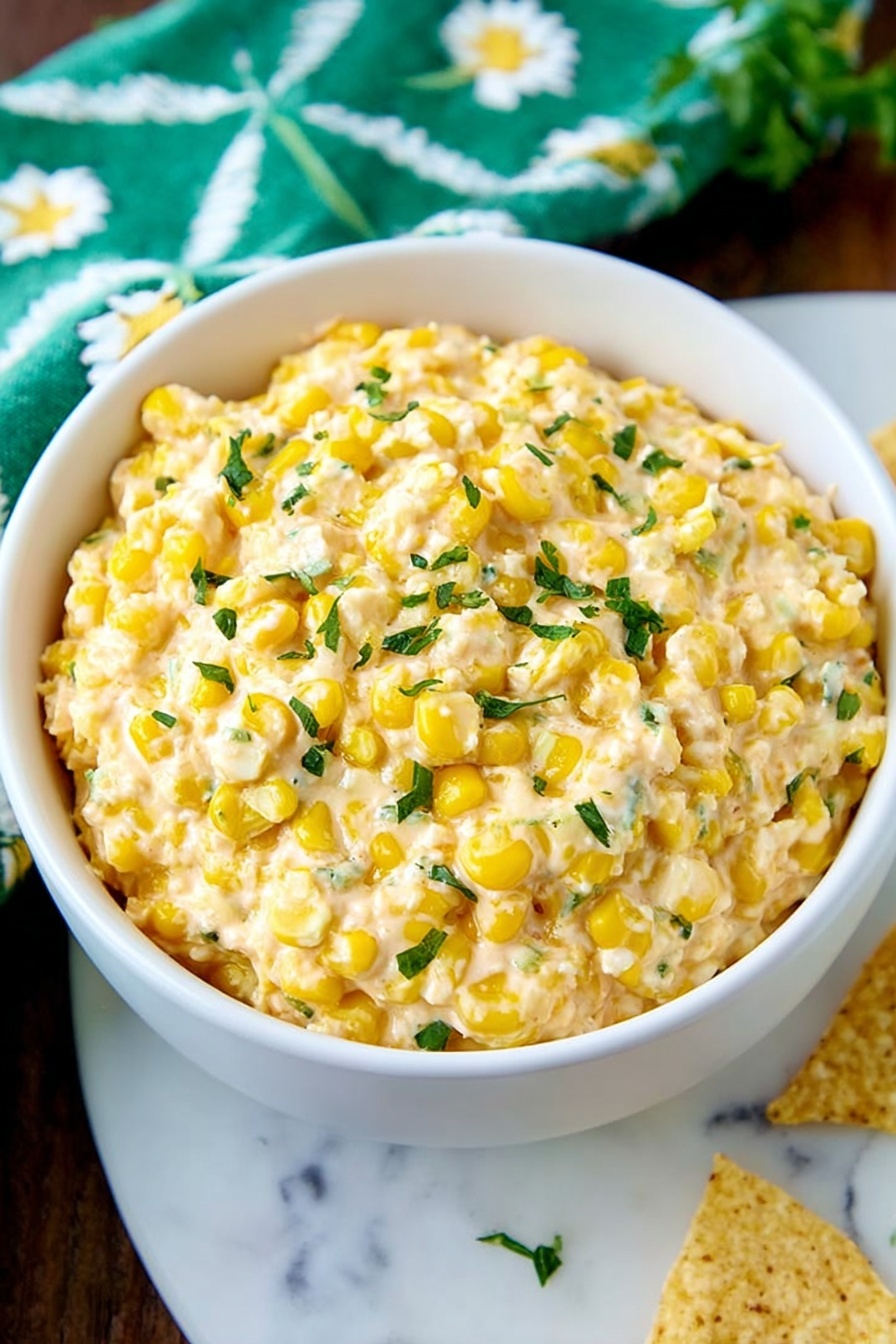 A white bowl filled with a corn dip.