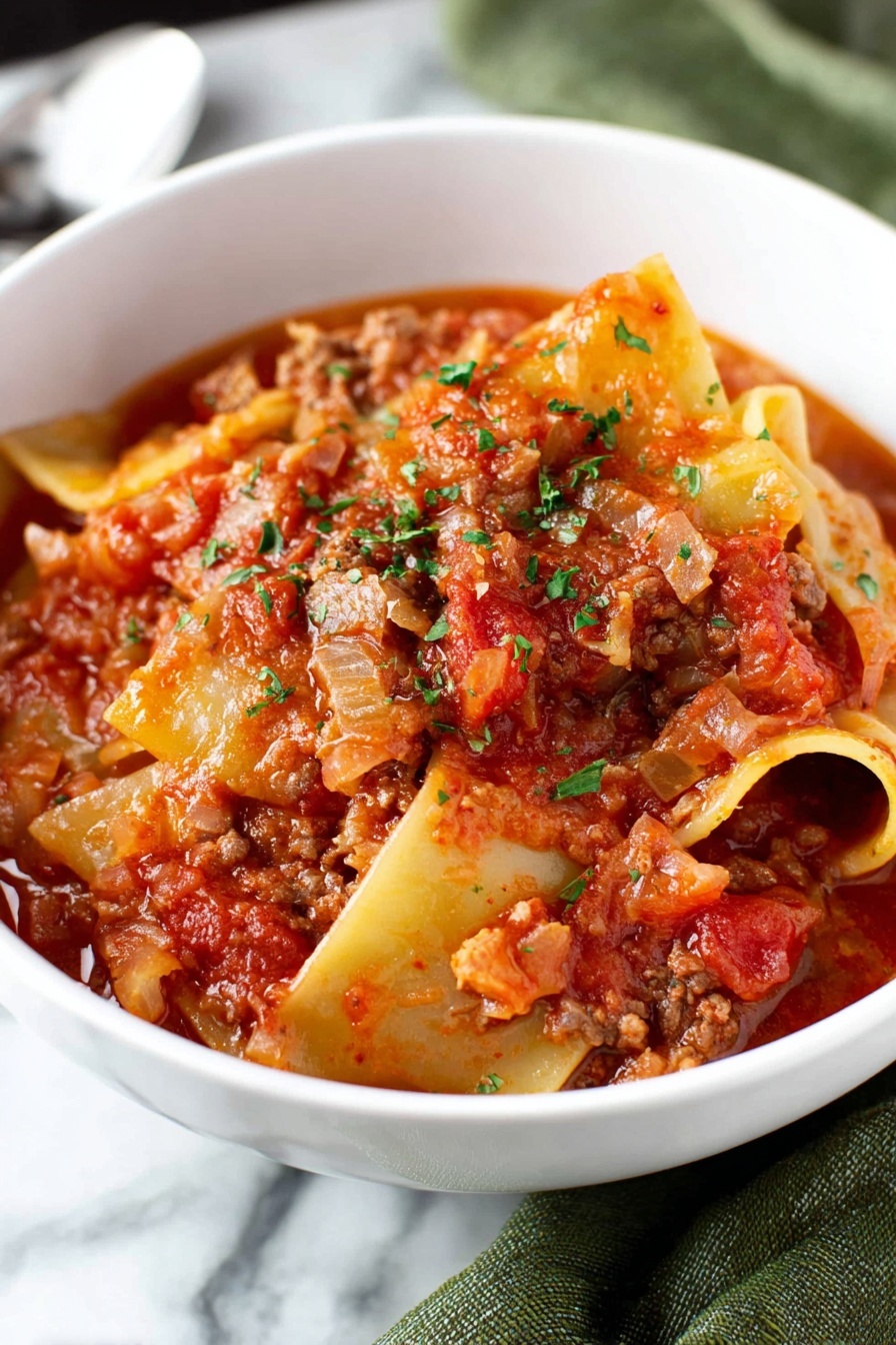 A bowl of cabbage roll soup.