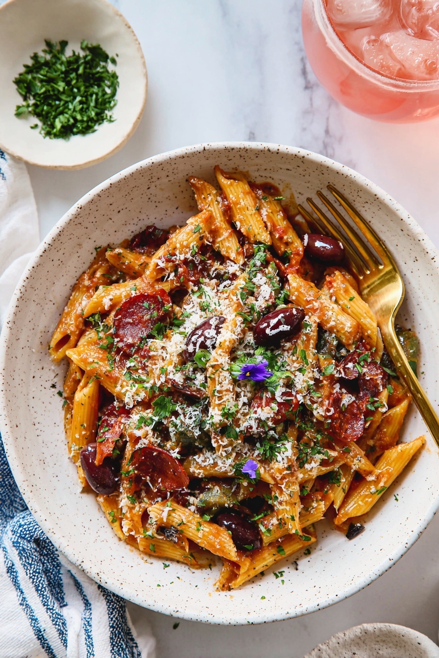 A bowl of pasta with meat and cheese.