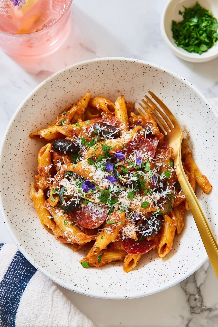 A bowl of pasta with meatballs and sauce.