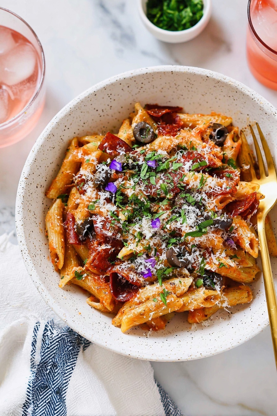 A bowl of pasta with tomatoes, olives, and cheese.