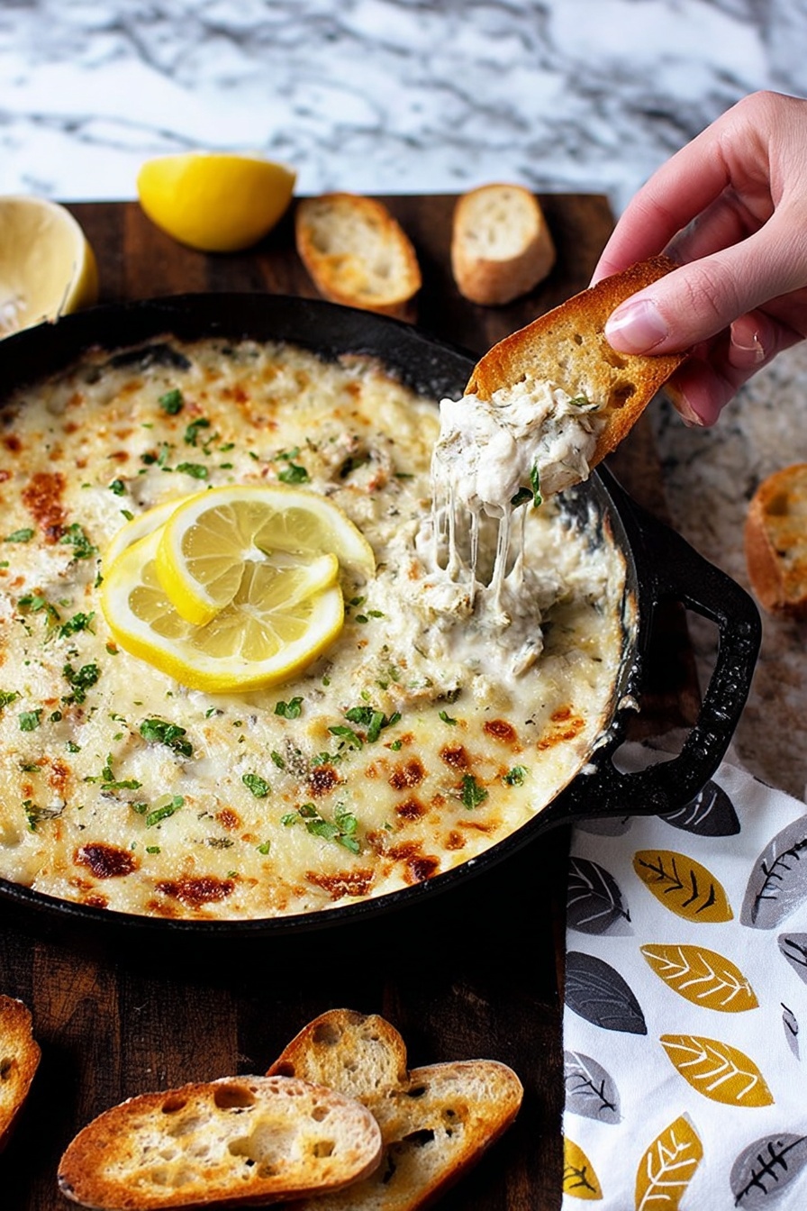 A person is dipping a breadstick into a creamy shrimp scampi dip.