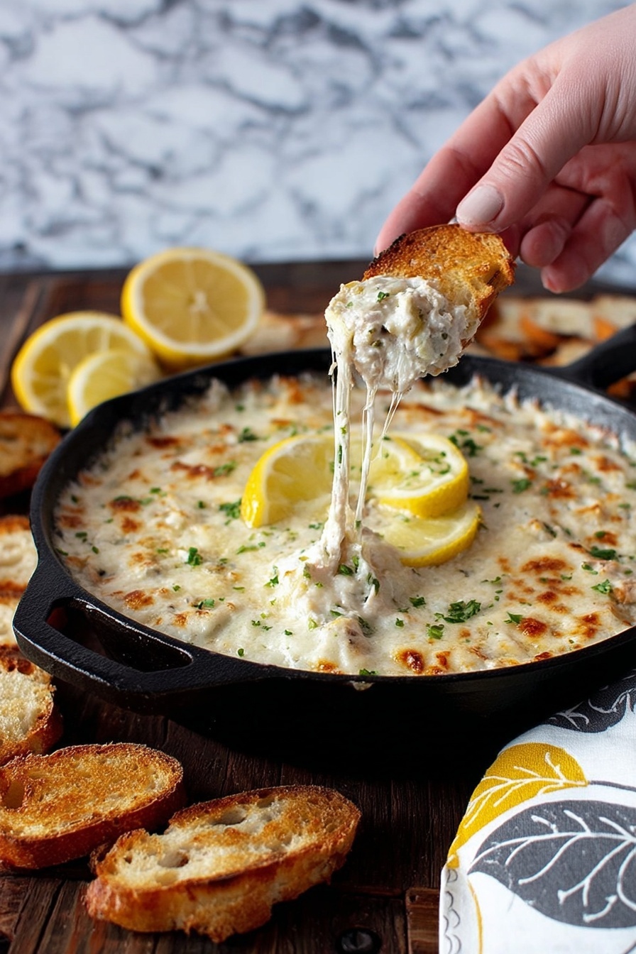 A person is dipping a piece of bread into a creamy shrimp scampi dip.