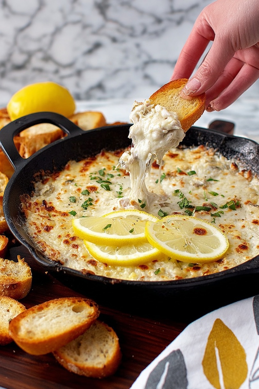 A person is scooping a creamy shrimp scampi dip.