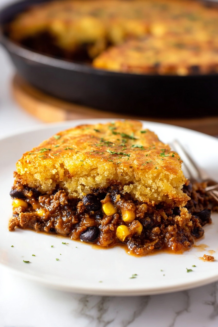 A slice of a pie with a brown butter cornbread topping.