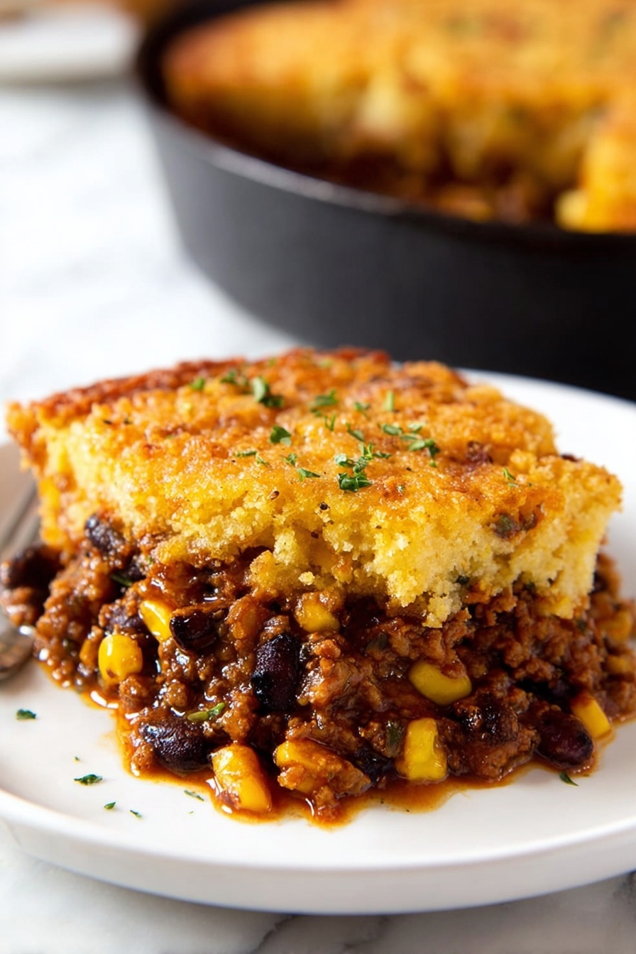 A slice of pie with a brown butter cornbread topping.
