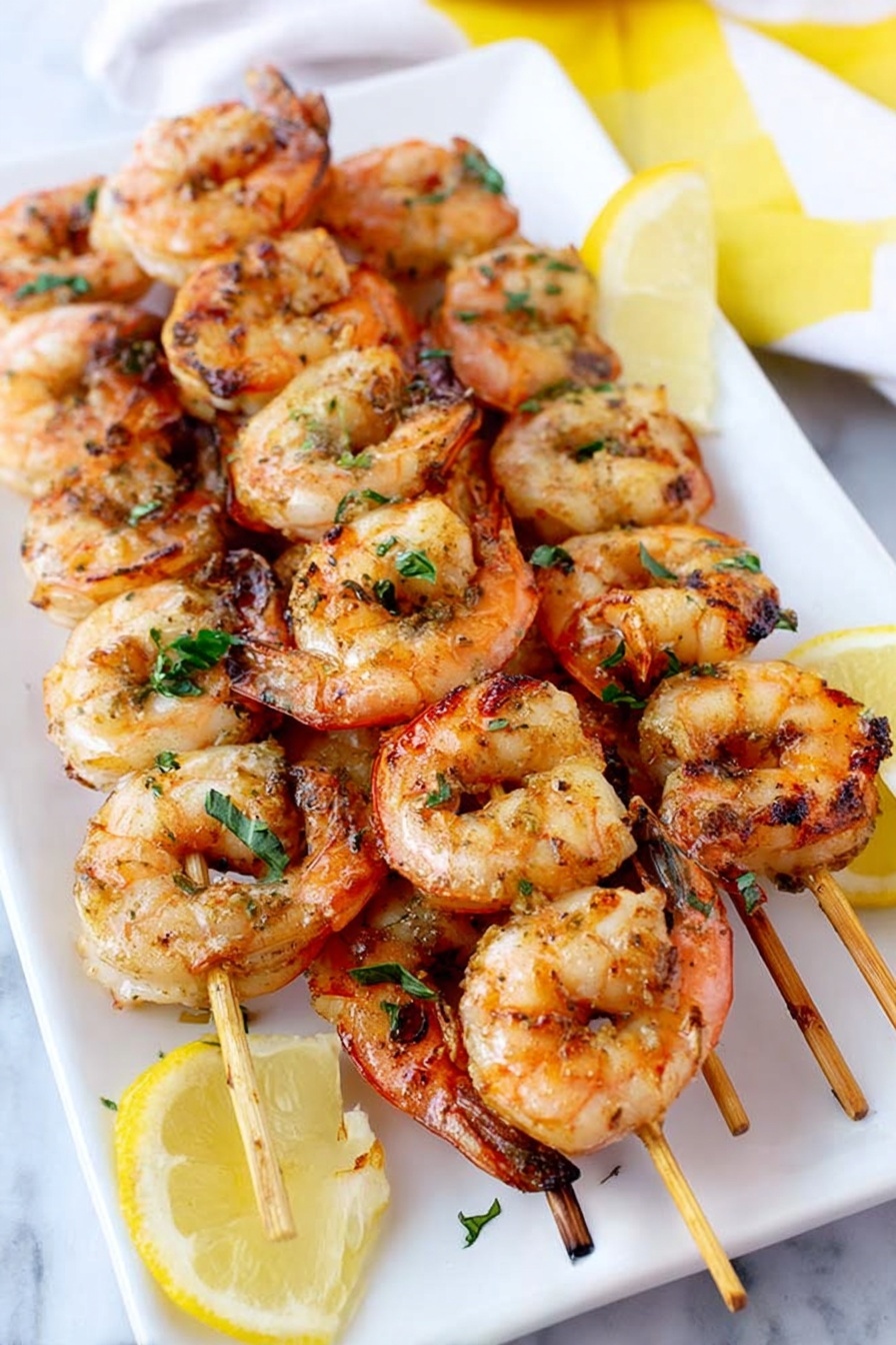 A plate of Cajun grilled shrimp skewers with lemon wedges.