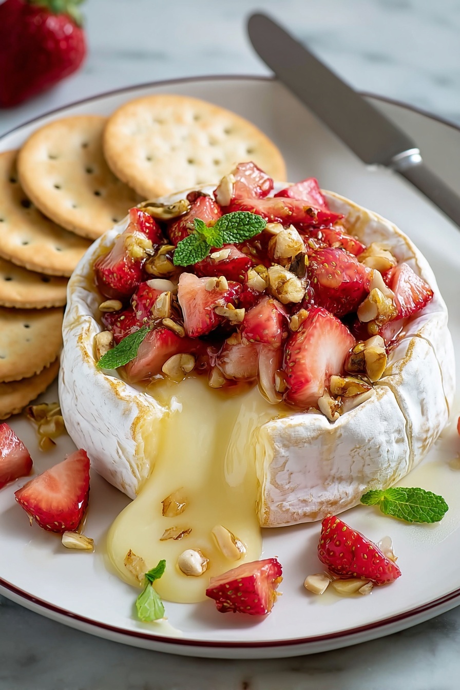 A plate of baked brie cheese with strawberries.