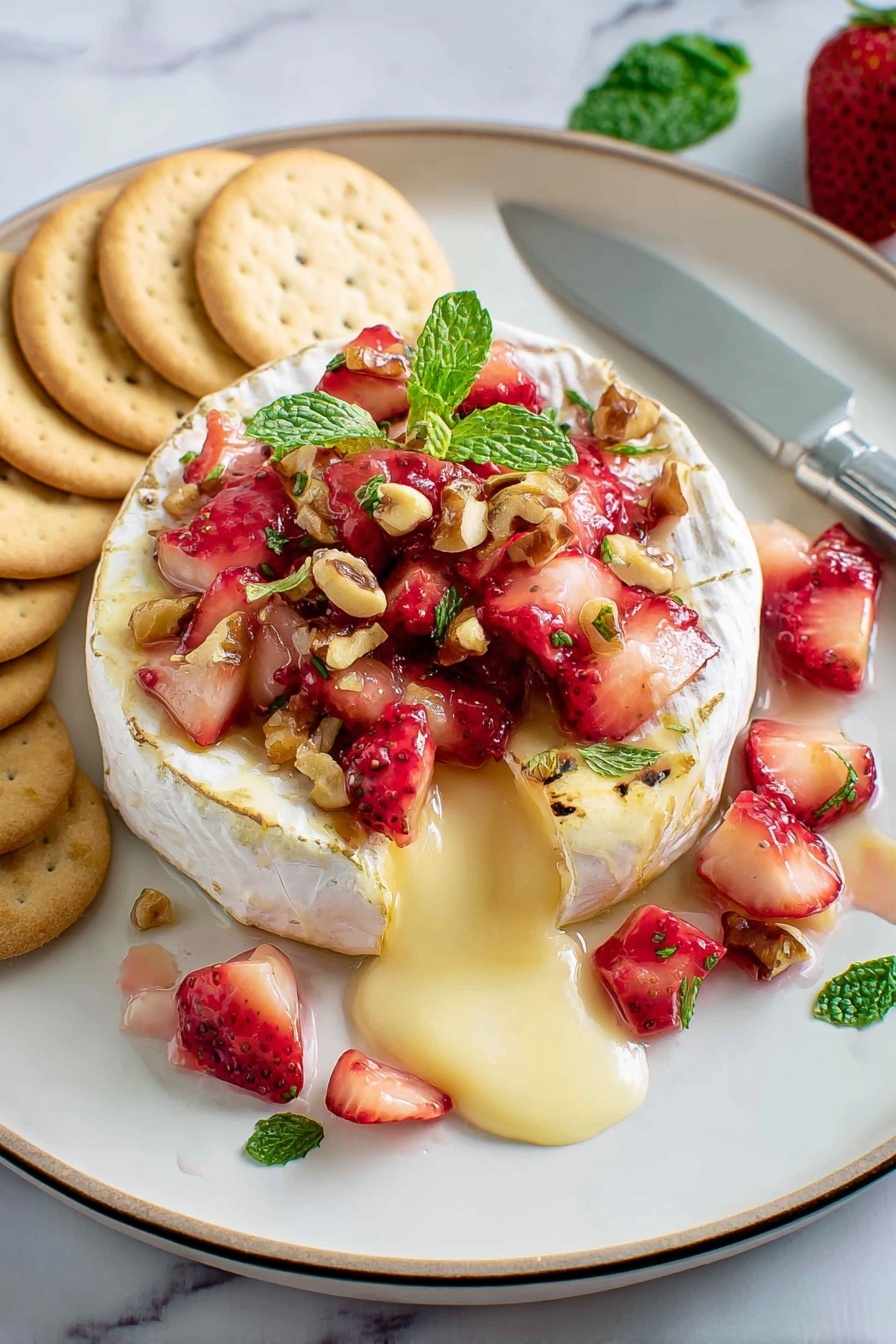 A plate of baked brie cheese with strawberries.