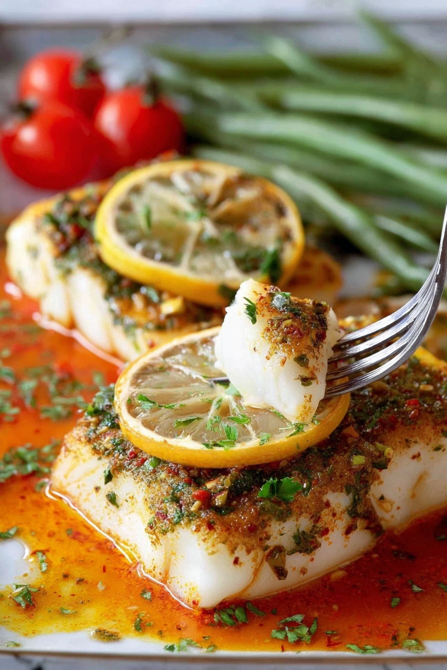 A piece of fish with lemon and herbs on a plate.