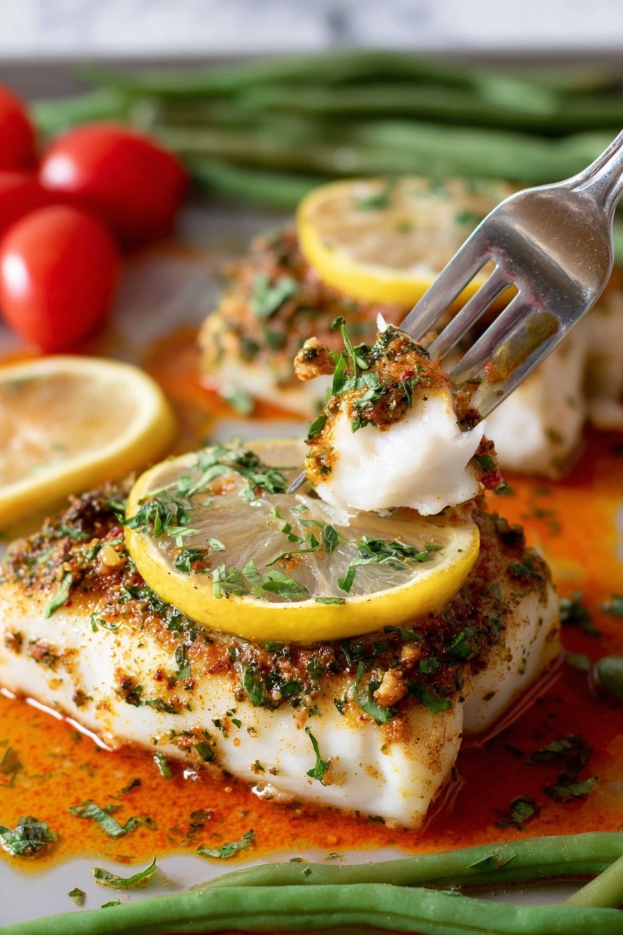 A fork is being used to pick up a piece of fish.