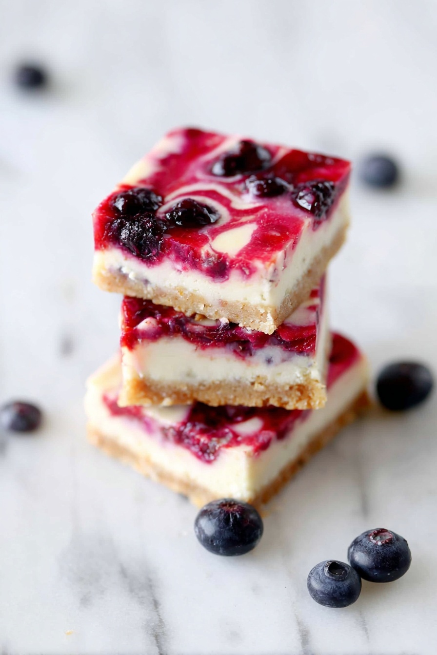 Three pieces of berry swirl cheesecake bars.