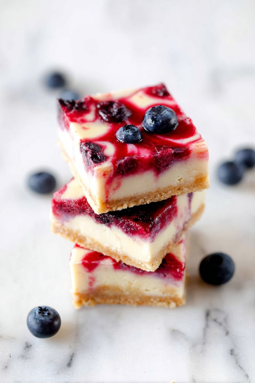Three pieces of berry swirl cheesecake bars.