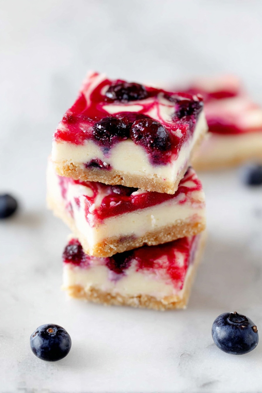 Three pieces of berry swirl cheesecake bars.