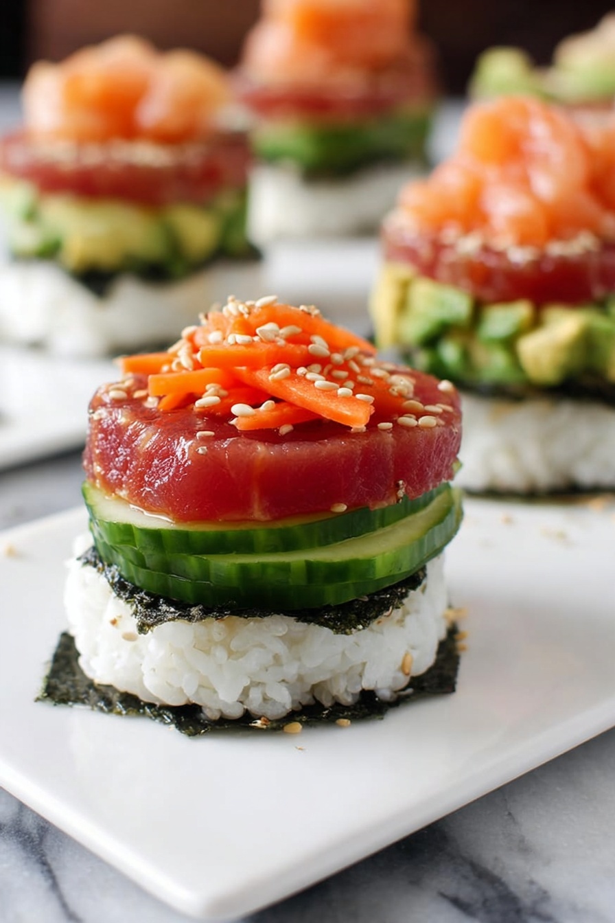 A stack of sushi with rice and vegetables.