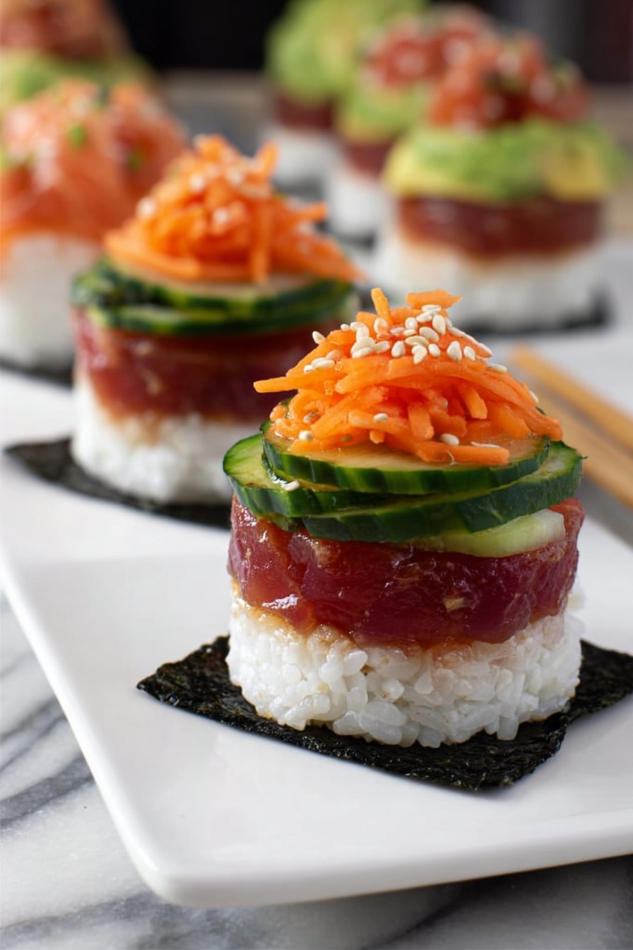 Sushi stacks with rice and vegetables.