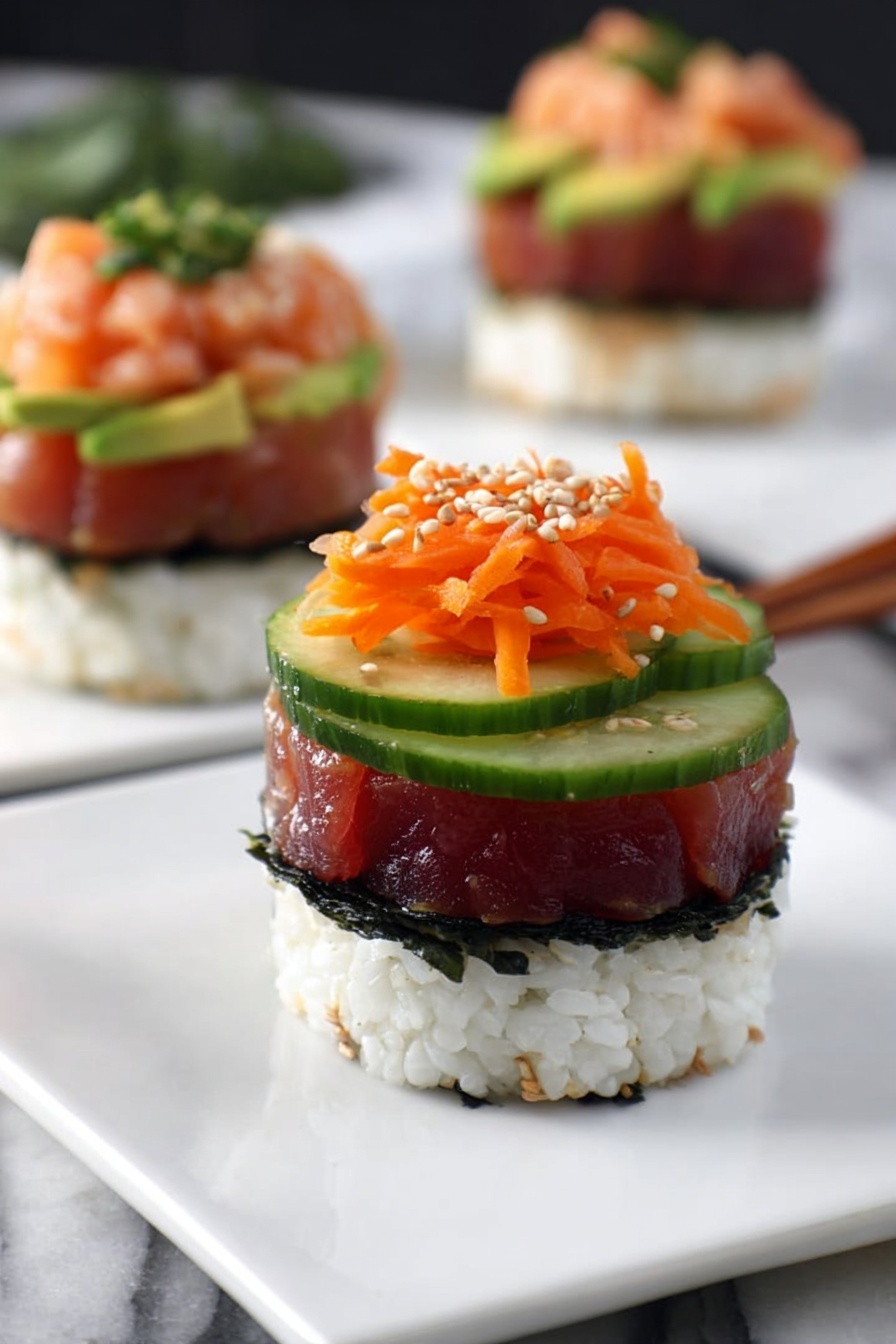 A stack of sushi with rice, cucumber, and carrots.