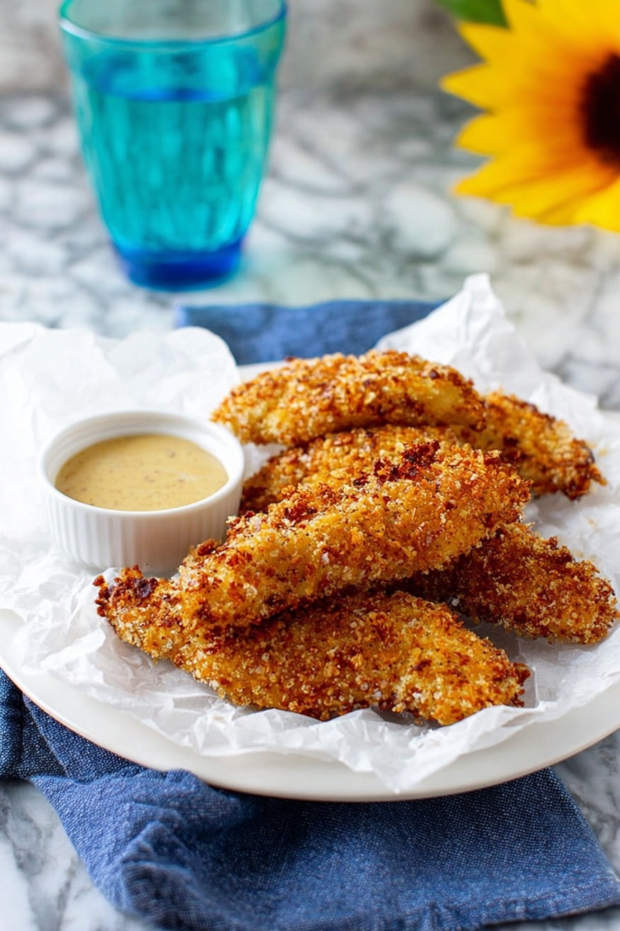 A plate of crunchy macadamia nut crusted chicken tenders.