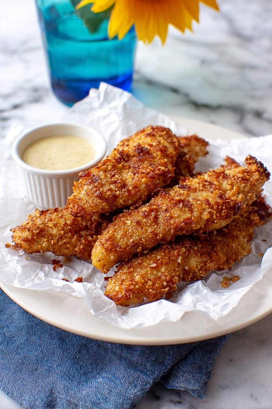 A plate of breaded chicken with a dipping sauce.