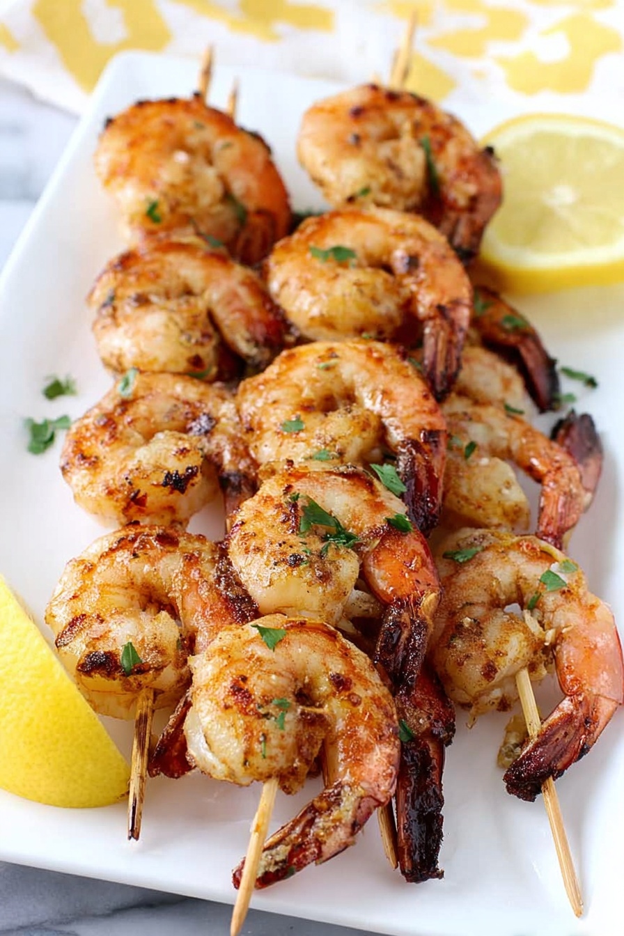 A plate of Cajun grilled shrimp skewers with lemon wedges.