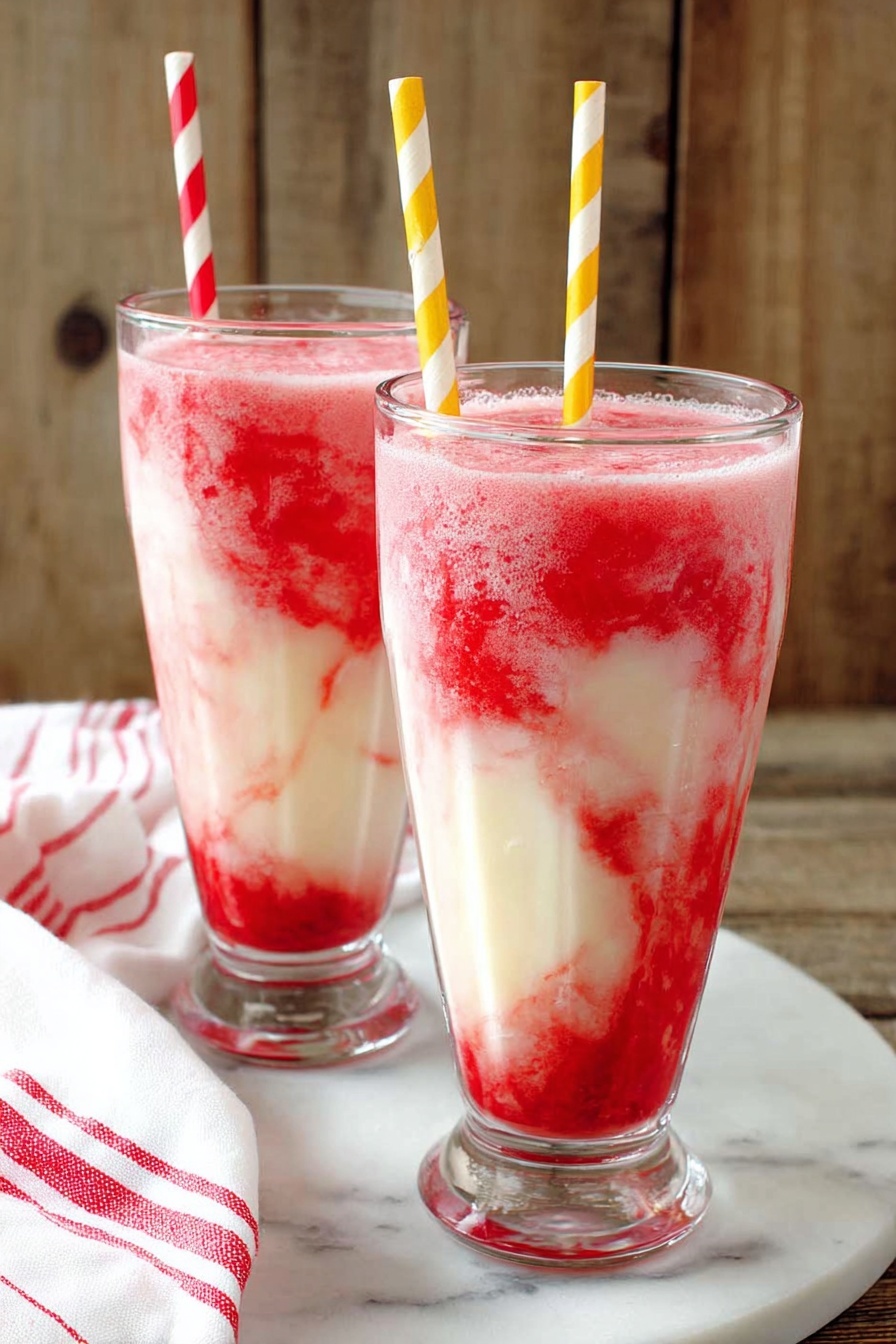 Two glasses of red and white drinks.
